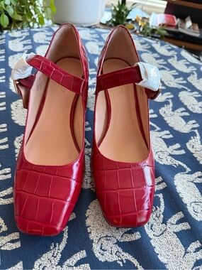 J. Crew Red Croc-Embossed Mary Jane Pumps, Size 10